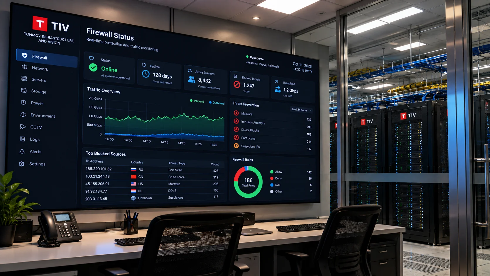 Firewall monitoring dashboard with network traffic and security panels.