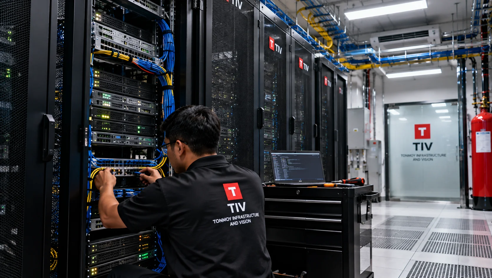 Technician inspecting network cabling in a server rack.
